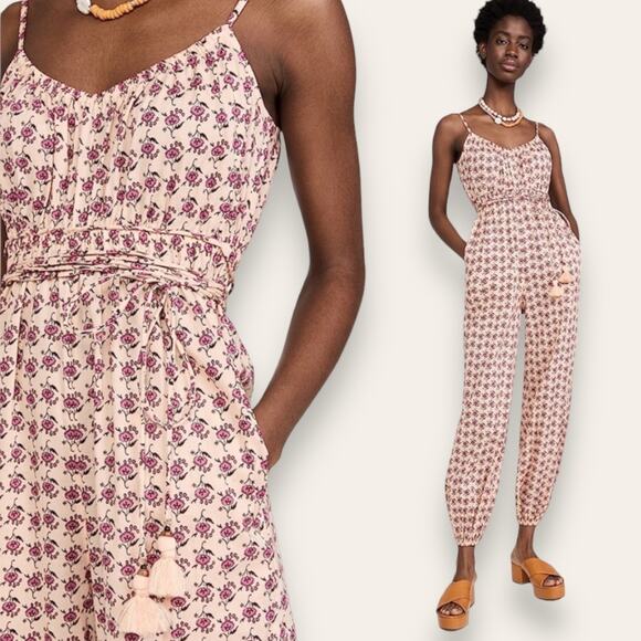 TORY BURCH JUMPSUIT XL PINK DANDELION FLORAL PRINT COTTAGECORE BOHO TIE BELT - Picture 1 of 13